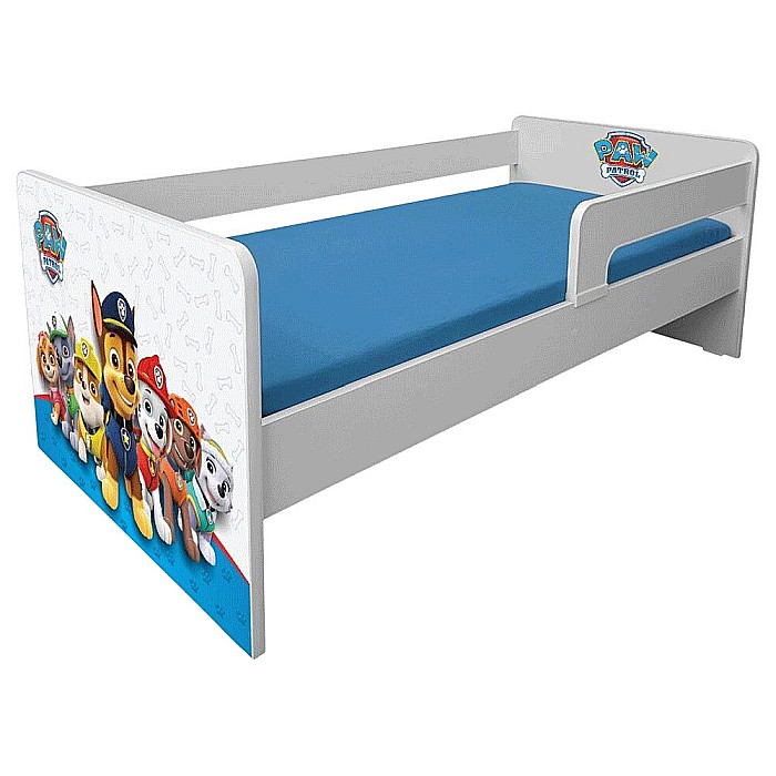 Pat pentru copii Dogs Blue, cu protectii laterale detasabile reversibile, Pal melaminat, margini rotunjite, 2-8 ani, 144x76x45 cm, alb/albastru [2]