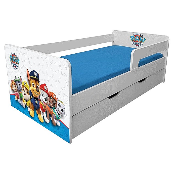 Pat pentru copii Dogs Blue cu sertar, protectii laterale detasabile reversibile, Pal melaminat, margini rotunjite, 2-8 ani, 144x76x45 cm, alb/albastru [2]