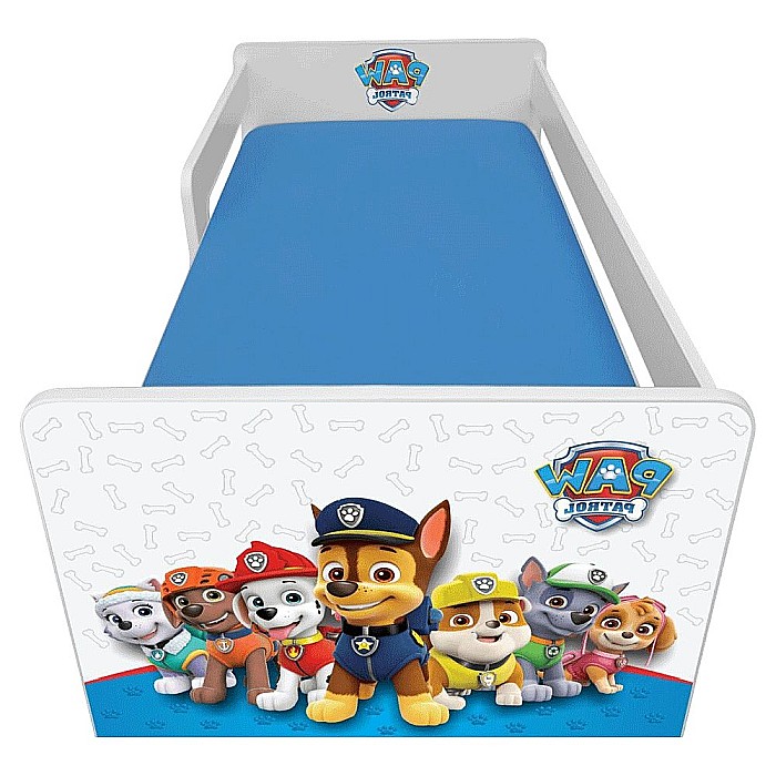 Pat pentru copii Dogs Blue cu sertar, protectii laterale detasabile reversibile, Pal melaminat, margini rotunjite, 2-8 ani, 144x76x45 cm, alb/albastru [3]