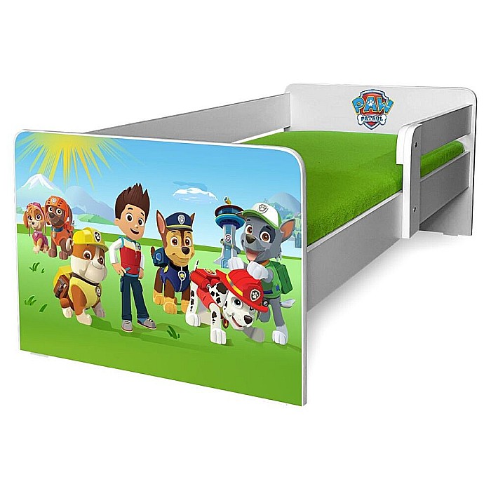 Pat pentru copii Dogs Green, cu protectie laterala detasabila, Pal melaminat, margini rotunjite, 2-8 ani, 144x76x45 cm, alb/verde [2]