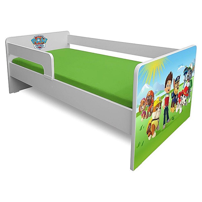 Pat pentru copii Dogs Green, cu protectii laterale detasabile reversibile, Pal melaminat, margini rotunjite, 2-8 ani, 144x76x45 cm, alb/verde [4]