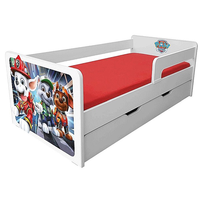 Pat pentru copii Dogs Red cu sertar, protectii laterale detasabile reversibile, Pal melaminat, margini rotunjite, 2-8 ani, 144x76x45 cm, alb/rosu [2]