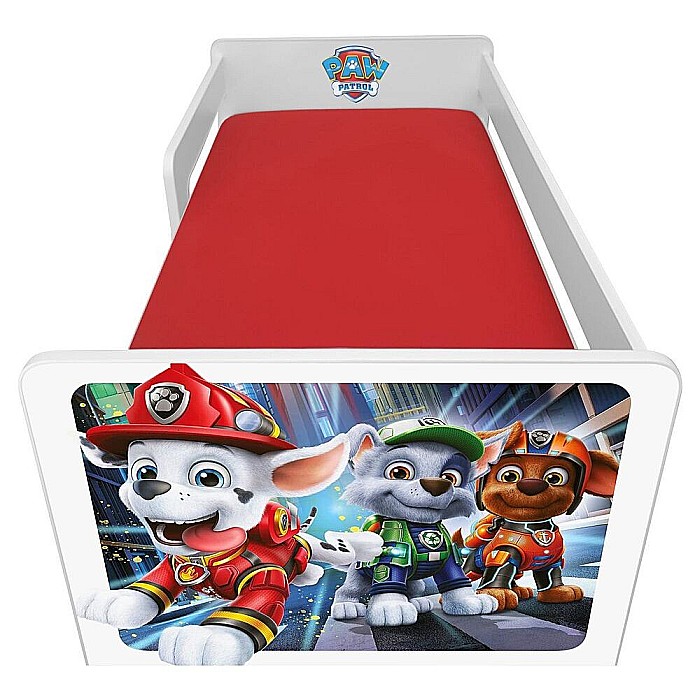 Pat pentru copii Dogs Red cu sertar, protectii laterale detasabile reversibile, Pal melaminat, margini rotunjite, 2-8 ani, 144x76x45 cm, alb/rosu [3]