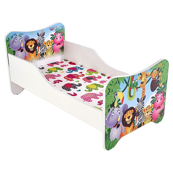 Pat pentru copii HM Happy Jungle, Pal melaminat, cu saltea inclusa, 140x70 cm, multicolor [1]