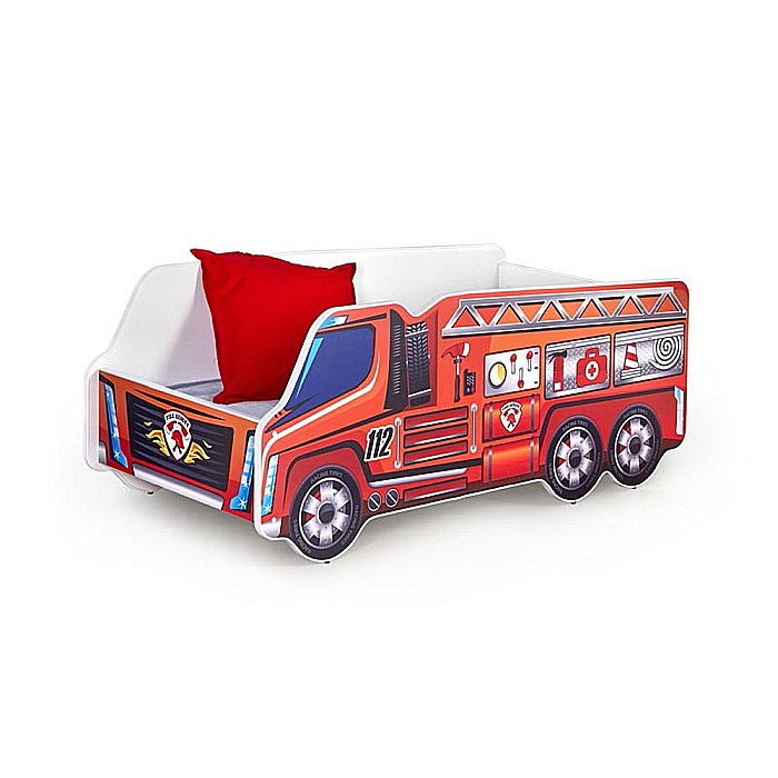 Pat pentru copii masina de pompieri HM Fire Truck, Pal melaminat, cu saltea inclusa, 140x70 cm, rosu [2]