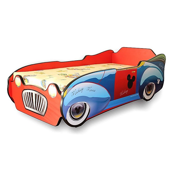 Pat pentru copii Mickey Car, Pal melaminat, margini rotunjite PVC, 2-8 ani, 150x74x50 cm, rosu/albastru [1]