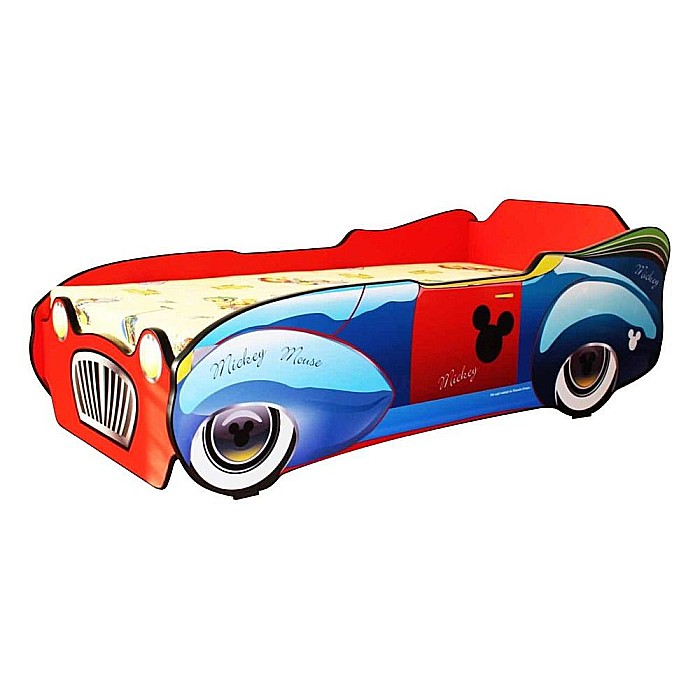 Pat pentru copii Mickey Car, Pal melaminat, margini rotunjite PVC, 2-8 ani, 150x74x50 cm, rosu/albastru [2]