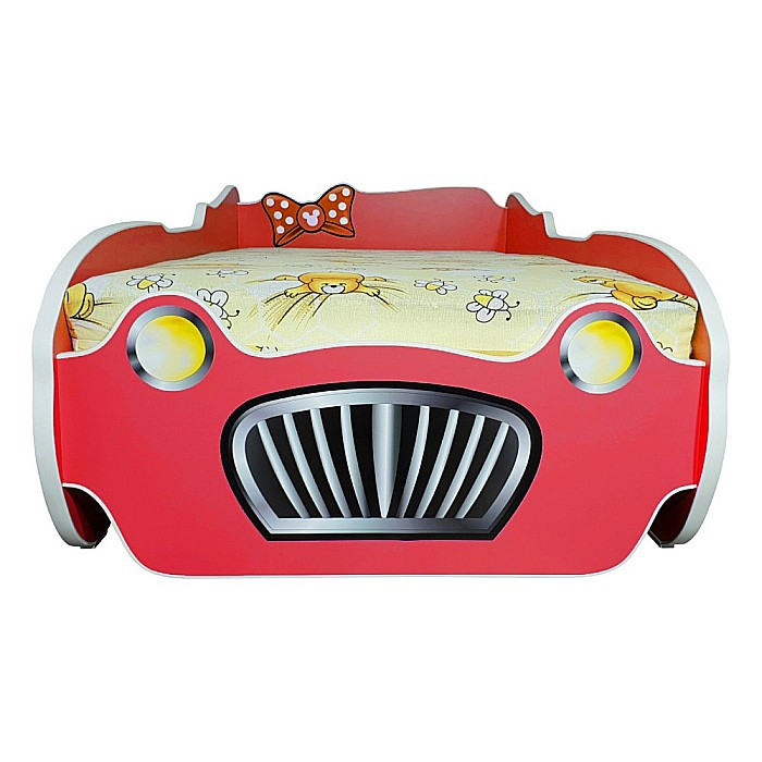 Pat pentru copii Minnie Car, Pal melaminat, margini rotunjite PVC, 2-8 ani, 150x74x50 cm, rosu [2]