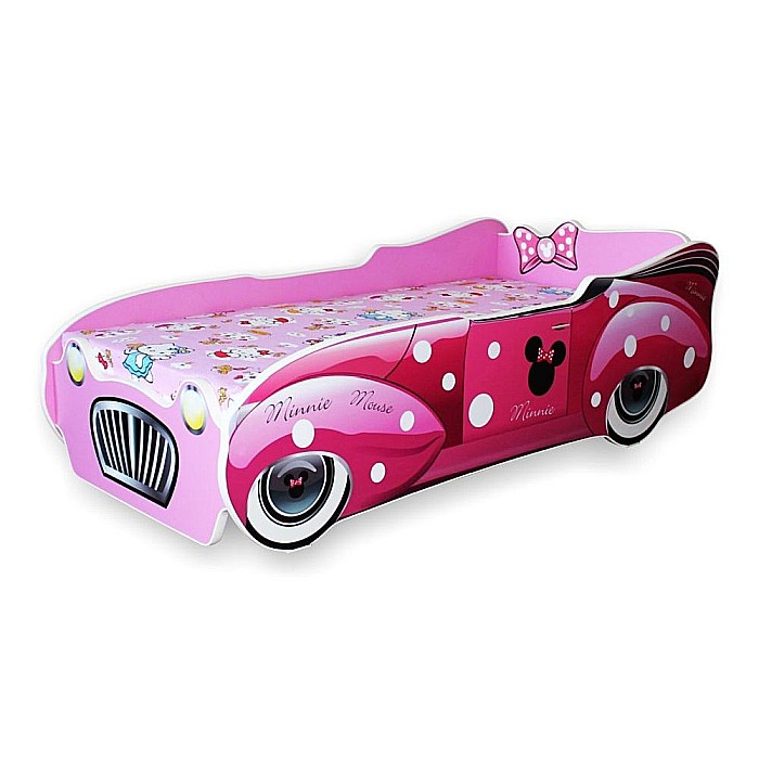 Pat pentru copii Minnie Car, Pal melaminat, margini rotunjite PVC, 2-12 ani, 170x84x55 cm, roz [1]