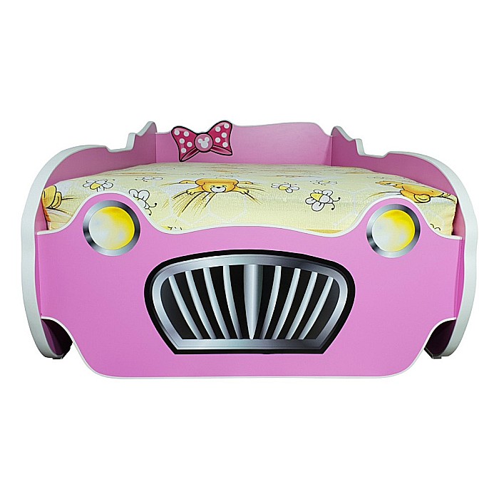 Pat pentru copii Minnie Car, Pal melaminat, margini rotunjite PVC, 2-12 ani, 170x84x55 cm, roz [2]