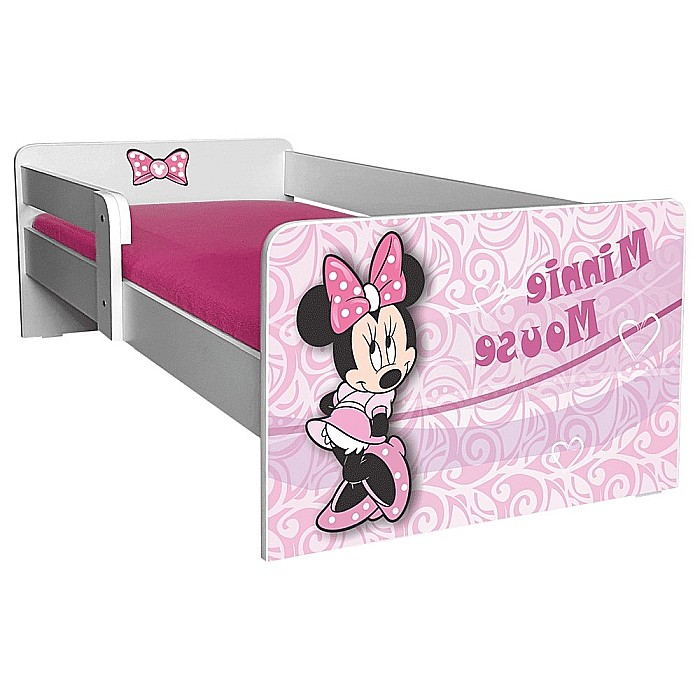 Pat pentru copii Minnie, cu protectie laterala detasabila, Pal melaminat, margini rotunjite, 2-8 ani, 144x76x45 cm, alb/roz [2]
