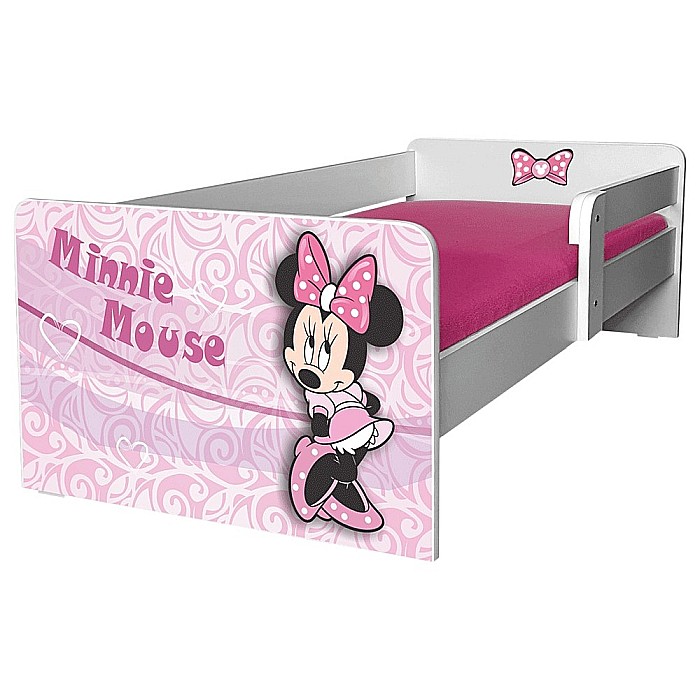 Pat pentru copii Minnie, cu protectie laterala detasabila, Pal melaminat, margini rotunjite, 2-8 ani, 144x76x45 cm, alb/roz [1]