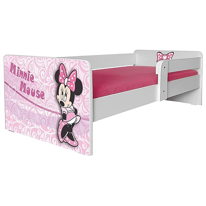 Pat pentru copii Minnie, cu protectie laterala detasabila, Pal melaminat, margini rotunjite, 2-8 ani, 144x76x45 cm, alb/roz [3]