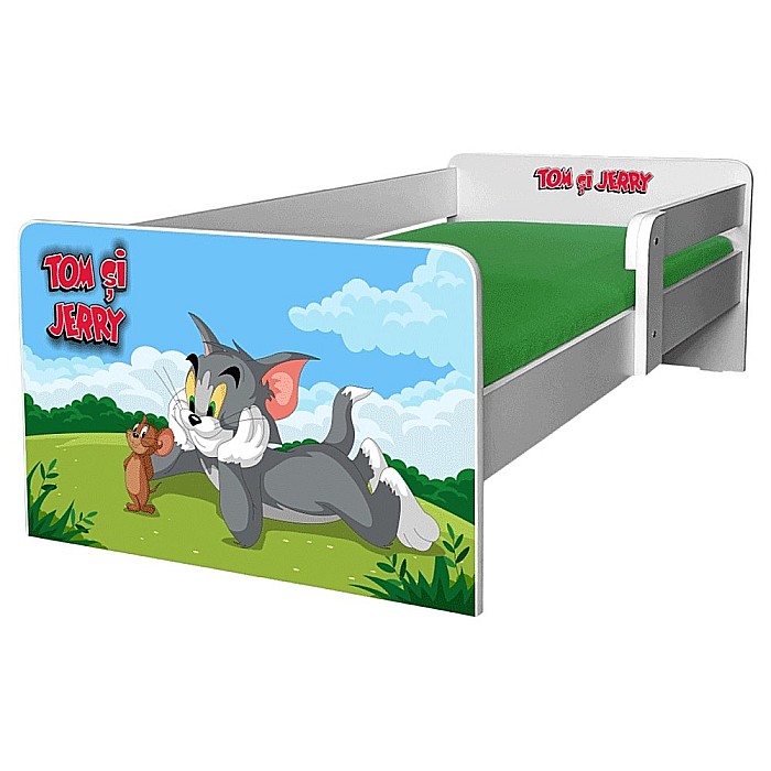 Pat pentru copii Mouse and Cat, cu protectie laterala detasabila, Pal melaminat, margini rotunjite, 2-8 ani, 144x76x45 cm, alb/multicolor [1]