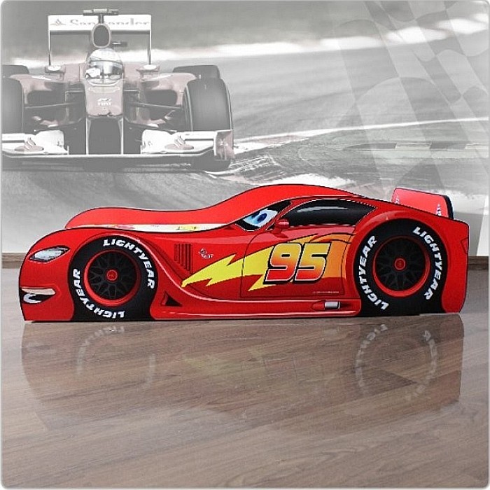 Pat pentru copii Speed McQueen, Pal melaminat, margini rotunjite PVC, 2-12 ani, 170x84x46 cm, rosu [2]