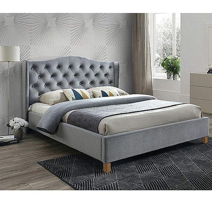Pat SL Aspen, matrimonial, lemn masiv, tapitat cu catifea, cu somiera, 160x200, gri [1]