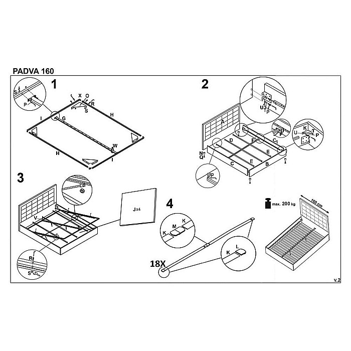 Pat tapitat cu stofa HM Padva, structura lemn masiv, cu somiera, 160x200, gri [4]