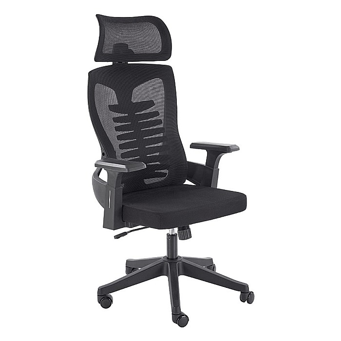 Scaun birou ergonomic HM Polon, mesh, mecanism inclinare, baza polipropilena, suport lombar, tetiera, 100 kg, negru [1]