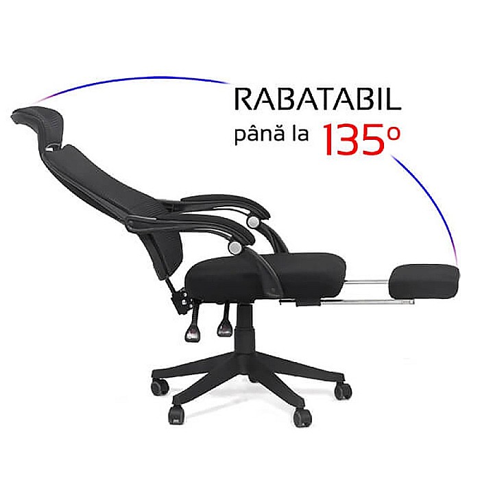 Scaun birou ergonomic OFF 927, mesh, recliner, suport picioare retractabil, 100 kg, negru [4]