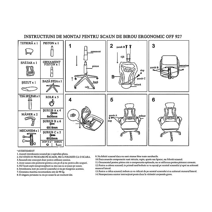 Scaun birou ergonomic OFF 927, mesh, suport picioare ajustabil, functie recliner, suport lombar, tetiera detasabila, 100 kg, alb [2]