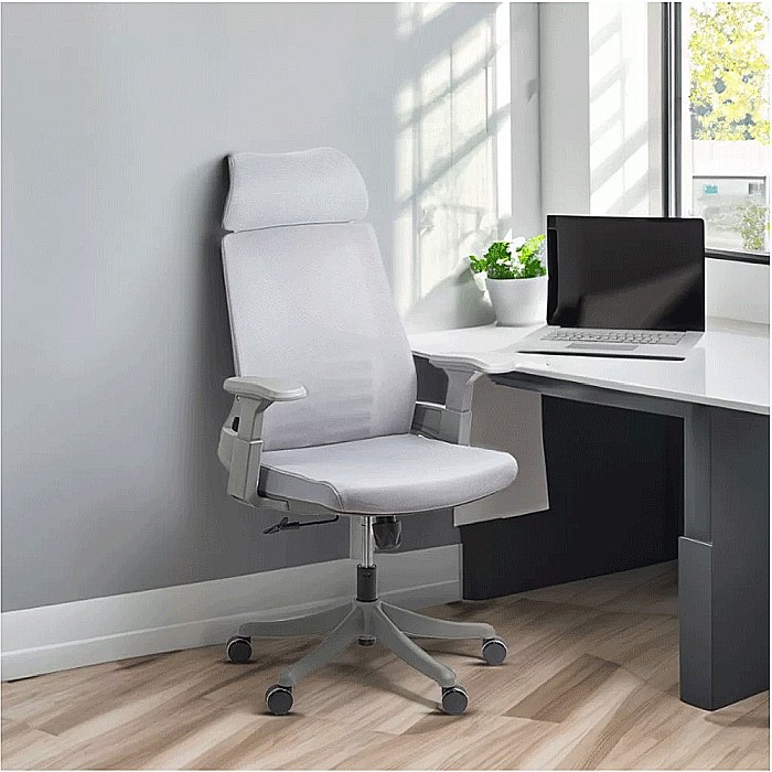 Scaun de birou SYYT 9514, ergonomic, mesh, cu tetiera, mecanism de balans, cadru polipropilena, 110 kg, gri [7]
