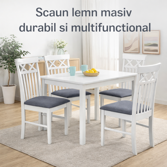 Scaun de living si bucatarie din lemn masiv Rebecca, tapiterie stofa,100 kg, 94x49x43.5 cm, alb/gri [3]