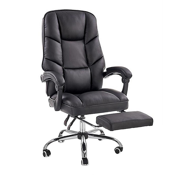 Scaun directorial ergonomic cu suport picioare, HM Alvin, mecanism balans, piele ecologica, cadru cromat, 120 kg, negru [1]