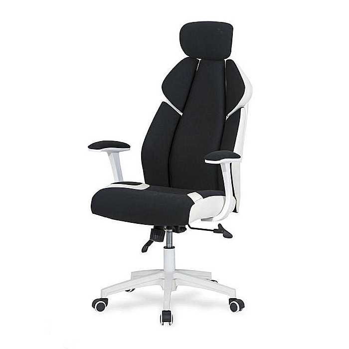 Scaun directorial HM Chrono, piele ecologica/stofa, suport lombar, tetiera reglabila, 120 kg, alb/negru [2]