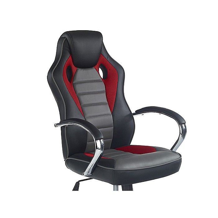 Scaun directorial pentru gaming HM Scroll, tapiterie piele ecologica, cadru cromat, mecanism de balans, 110 kg, negru/rosu/gri [3]