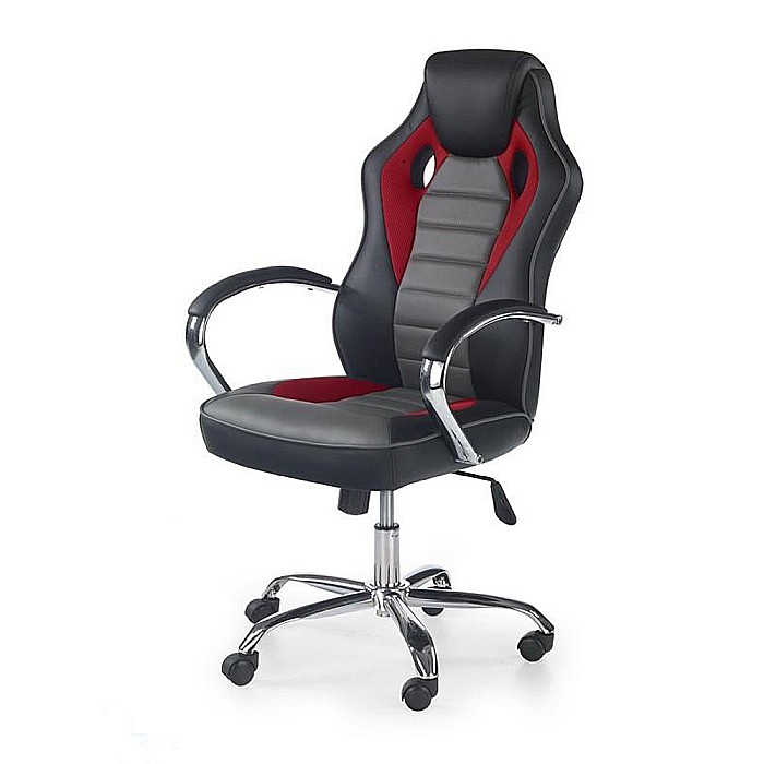 Scaun directorial pentru gaming HM Scroll, tapiterie piele ecologica, cadru cromat, mecanism de balans, 110 kg, negru/rosu/gri [2]