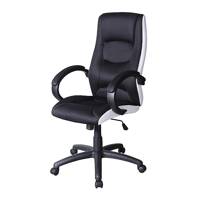 Scaun directorial SL Q041, Inaltime ajustabila, Mecanism balansare, Stofa cu insertii de piele ecologica, 100 Kg, Alb/Negru [2]