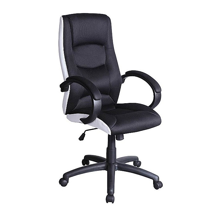 Scaun directorial SL Q041, Inaltime ajustabila, Mecanism balansare, Stofa cu insertii de piele ecologica, 100 Kg, Alb/Negru [4]