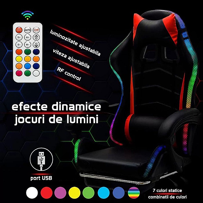 Scaun gaming cu iluminare LED RGB OFF 303, perne detasabile, suport picioare retractabil, polipropilena, 110 kg [10]