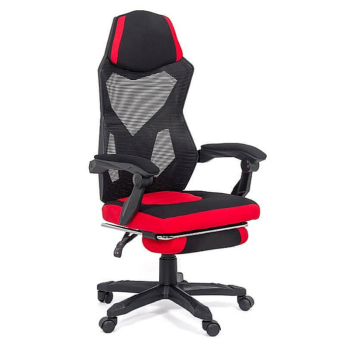 Scaun OFF 304, ergonomic, mesh, mecanism de balans, suport picioare retractabil, 110 kg, negru/rosu [1]
