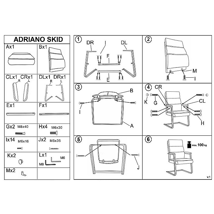 Scaun vizitator si conferinta HM Adriano Skid, cadru metalic, piele ecologica, brate tapitate, 100 kg, negru [12]