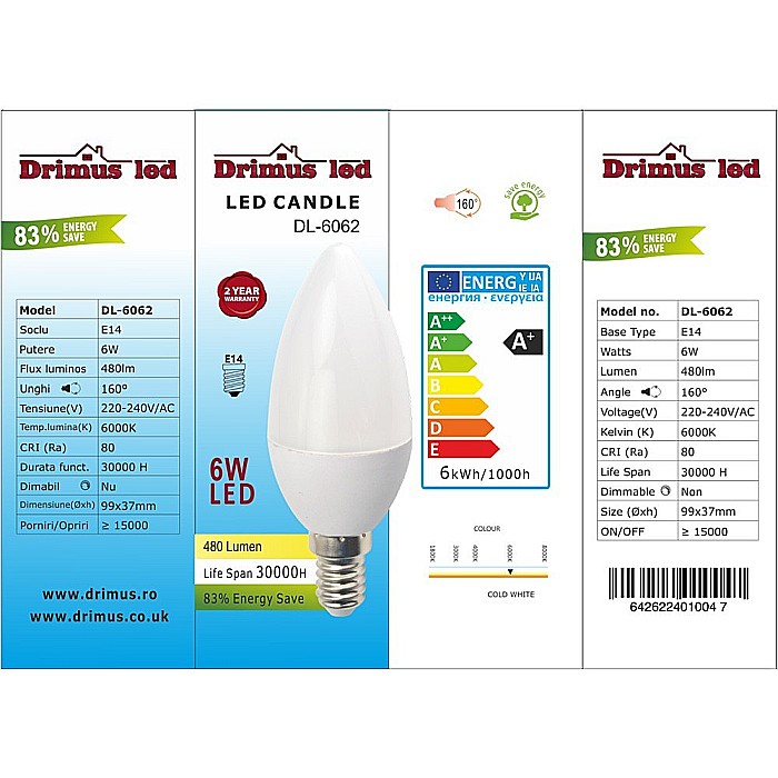 Set 6 Becuri LED Drimus E14 6W lumina rece DL-6062 [2]