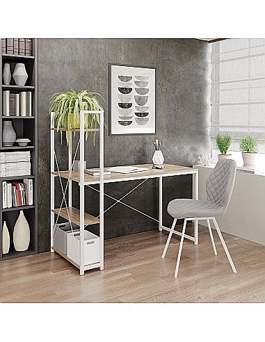 Set birou cu rafturi HM Narvik B1, cadru metalic, PAL melaminat, 120x64x120 cm, stejar sonoma/alb si scaun birou HM Matrix, Ergonomic, Stofa/Piele ecologica, 100 Kg, Negru/Roz [4]