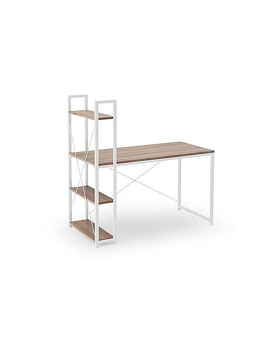 Set birou cu rafturi HM Narvik B1, cadru metalic, PAL melaminat, 120x64x120 cm, stejar sonoma/alb si scaun birou HM Matrix, Ergonomic, Stofa/Piele ecologica, 100 Kg, Negru/Roz [2]