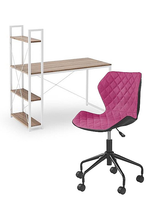 Set birou cu rafturi HM Narvik B1, cadru metalic, PAL melaminat, 120x64x120 cm, stejar sonoma/alb si scaun birou HM Matrix, Ergonomic, Stofa/Piele ecologica, 100 Kg, Negru/Roz [1]