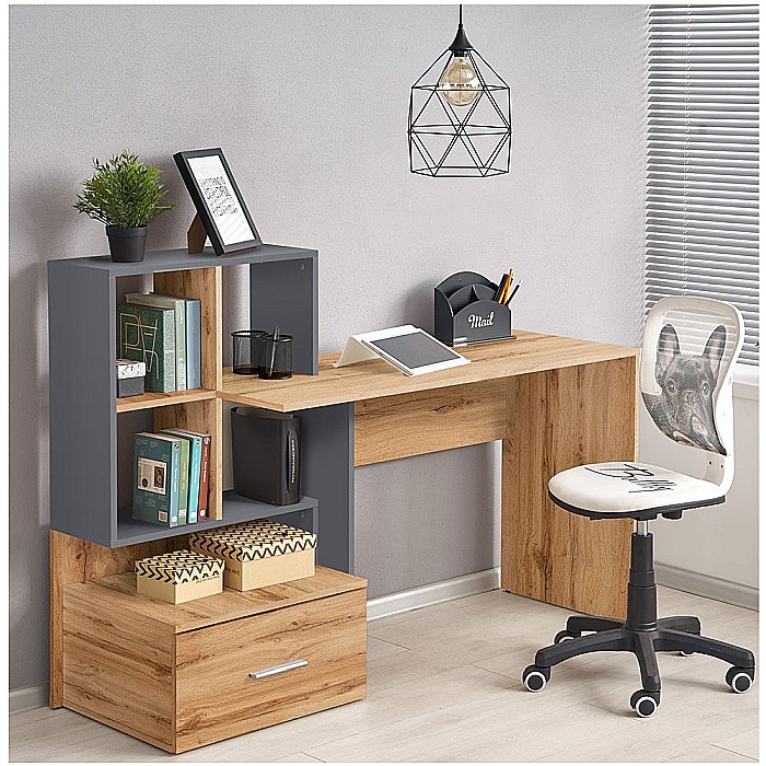 Set birou cu spatii depozitare HM Grosso, rafturi, sertar, PAL melaminat, 149x50x105 cm, stejar auriu/antracit si scaun copii HM Rico, ergonomic, stofa tip catifea, 100 kg, gri [2]