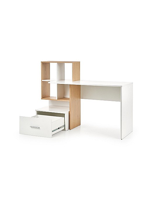 Set birou cu spatii depozitare HM Grosso, rafturi, sertar, PAL melaminat, 149x50x105 cm, stejar auriu/alb si scaun copii HM Ibis Paris, Ergonomic, Cadru Cromat, Stofa, 100 Kg, Multicolor [3]