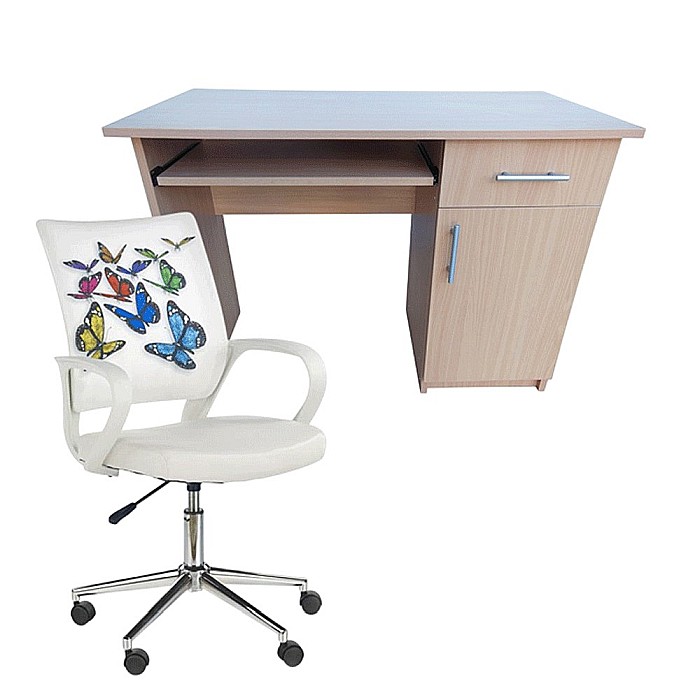 Set birou cu spatiu depozitare pentru scolari, Pal Melaminat, sertar, 2 rafturi, polita glisanta tastatura, fag si scaun HM Ibis Butterfly, stofa/piele ecologica, 100 kg, multicolor [1]