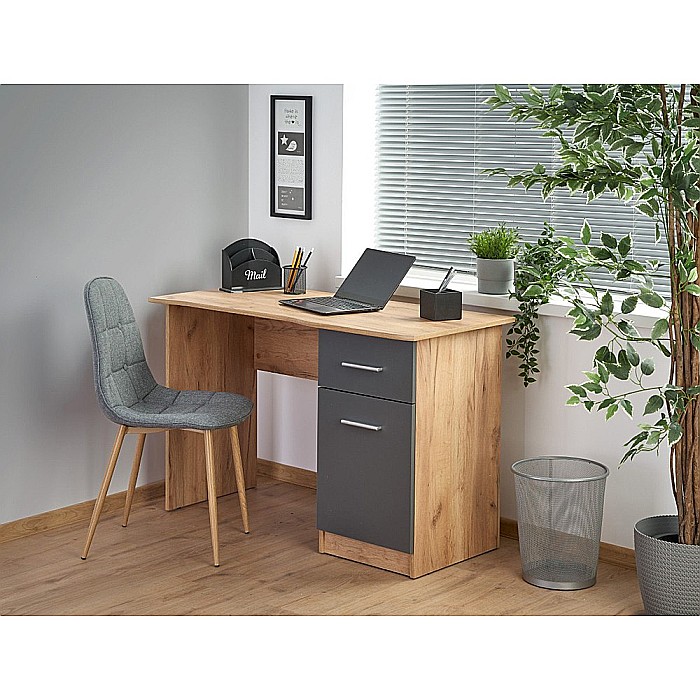 Set birou cu usa si sertar HM Elmo, Pal melaminat, 120x55x78 cm, stejar/antracit si scaun copii HM Coco 4, Ergonomic, Stofa, Inaltime ajustabila, 80 kg, Gri deschis [3]