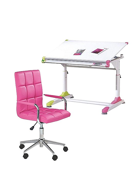 Set birou ergonomic HM Collorido, inaltime reglabila, unghi inclinare ajustabil, MDF, alb si scaun birou HM Gonzo 2, piele ecologica, Mecanism de balans, 90 Kg, roz [1]