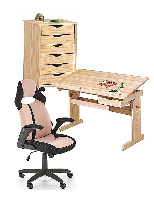 Set birou ergonomic HM Julia inaltime reglabila, unghi inclinare ajustabil, cu scaun HM Bloom roz/negru, stofa/mesh, 100 kg si dulapior rulant HM Nils, cu roti, lemn, natur [1]