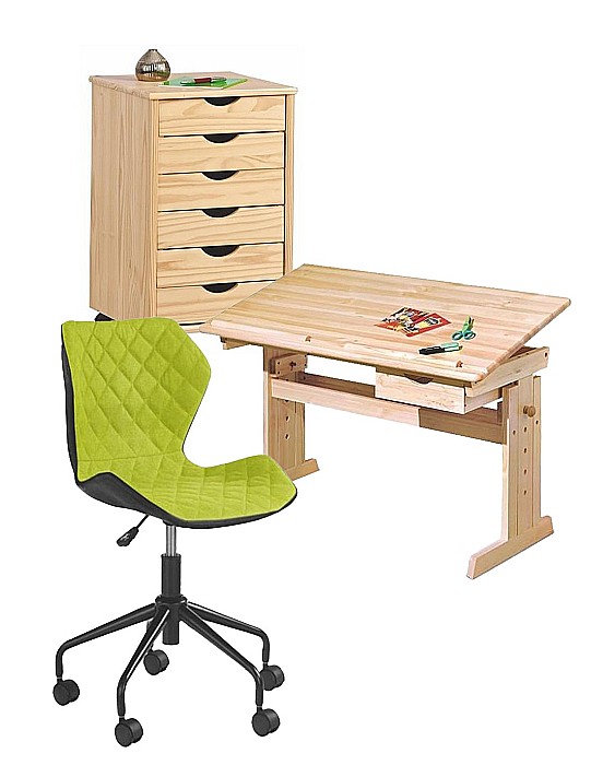 Set birou ergonomic HM Julia inaltime reglabila, unghi inclinare ajustabil, cu scaun HM Matrix negru/verde, stofa, 100 kg si dulapior rulant HM Nils, cu roti, lemn, natur [1]