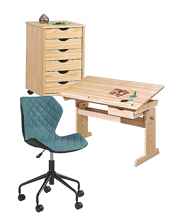 Set birou ergonomic HM Julia inaltime reglabila, unghi inclinare ajustabil, cu scaun HM Matrix negru/turcoaz, stofa, 100 kg si dulapior rulant HM Nils, cu roti, lemn, natur [1]