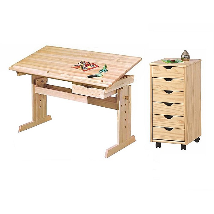Set birou ergonomic pentru copii HM Julia, inaltime reglabila, unghi inclinare ajustabil, lemn si dulapior HM Nils, roti, sertare, natur [2]