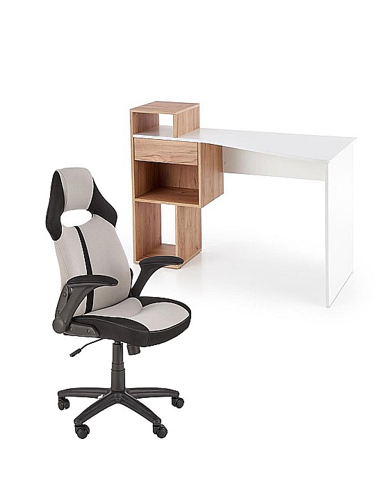 Set birou HM Conti, rafturi, sertar, PAL melaminat, 122x57x90 cm, stejar/alb si scaun copii HM Bloom, stofa/mesh, mecanism de balans, cotiere rabatabile, Gri/Negru [1]