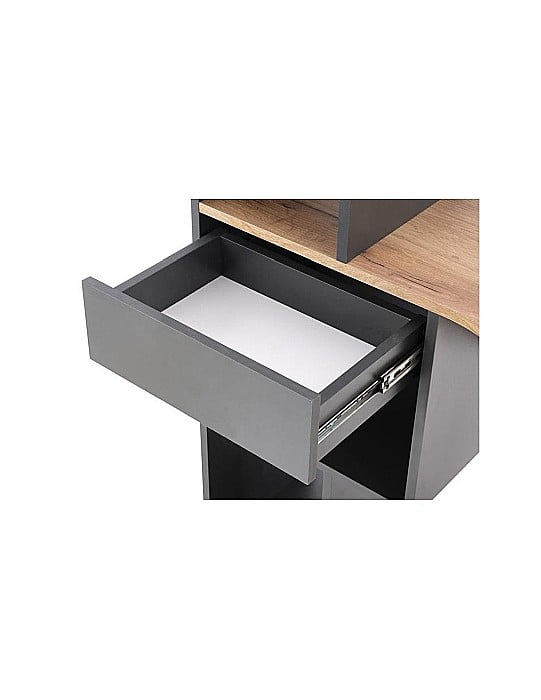 Set birou HM Conti, rafturi, sertar, PAL melaminat, 122x57x90 cm, stejar/gri si scaun pentru copii HM Coco, piele ecologica, inaltime reglabila, 80 kg, Alb [3]